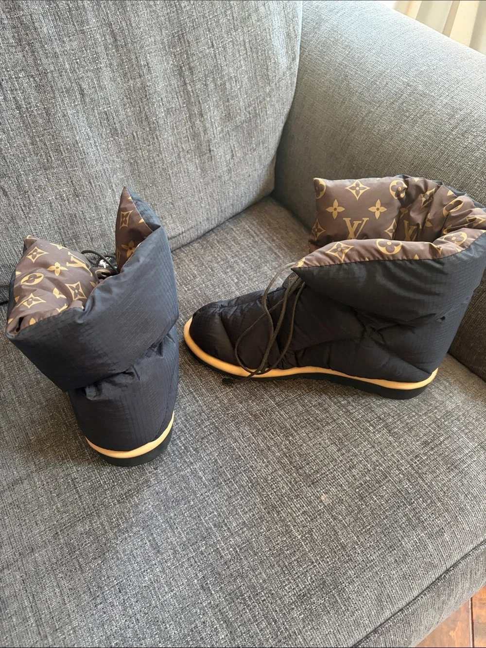 Louis Vuitton Black Quilted Winter Boots with Brown Monogram Cuff
